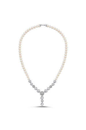 925 Ayar Gümüş 8 mm Zirkon Taşlı İnci Kolye