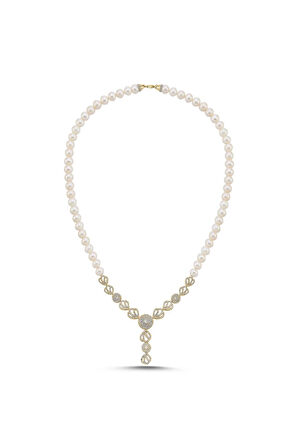 925 Ayar Gümüş 8 mm Zirkon Taşlı İnci Kolye