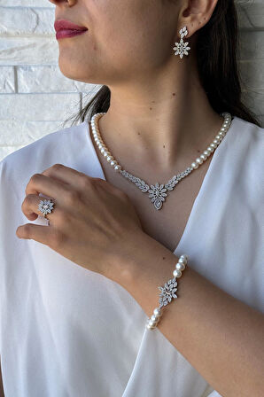 925 Ayar Gümüş 8 mm Çiçek Modeli İnci Kolye Bileklik Küpe Yüzük Dörtlü Set