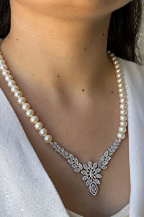 925 Ayar Gümüş 8 mm Çiçek Modeli İnci Kolye Bileklik Küpe Yüzük Dörtlü Set