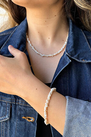 925 Ayar Gümüş 5 mm Bahreyn İnci Kolye Bileklik İkili Set