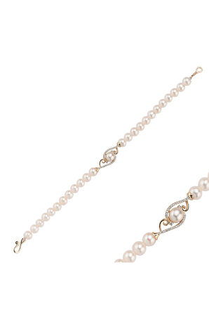 14 Ayar Altın 5 mm Zirkon Taşlı Doğal İnci Bileklik