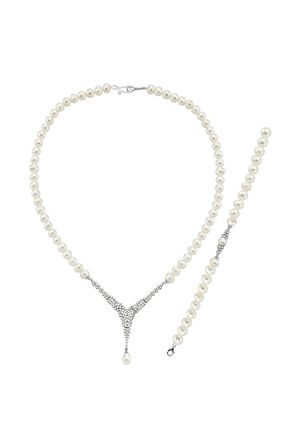 14 Ayar Altın Kadın Markiz Kesim Doğal İnci Kolye Bileklik İkili Set