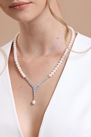 14 Ayar Altın Kadın Markiz Kesim Doğal İnci Kolye Bileklik İkili Set