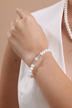 14 Ayar Altın Kadın Markiz Kesim Doğal İnci Kolye Bileklik İkili Set