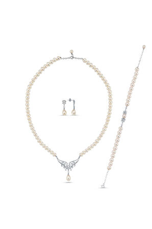 14 Ayar Altın 7 mm Yaprak Taşlı Doğal İnci Küpe Kolye Bileklik Üçlü Set