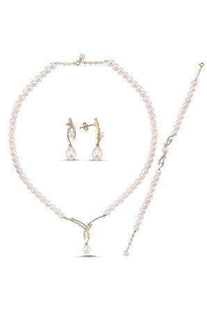 14 Ayar Altın 9 mm Yaprak Taşlı Doğal İncili Küpe Kolye Bileklik Üçlü Set