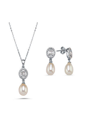 14 Ayar Altın 8 mm Oval Baget Taşlı Doğal İnci Sallantı Küpe Kolye İkili Set