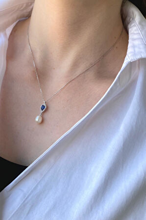 14 Ayar Beyaz Altın Kadın Damla Safir İnci Sallantı Kolye