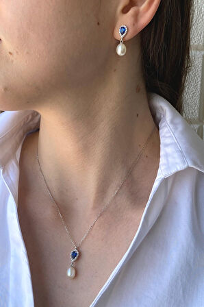 14 Ayar Altın 8 mm Damla Safir Doğal İnci Sallantı Küpe Kolye İkili Set