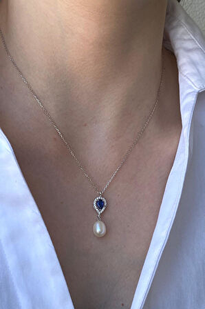 14 Ayar Altın 8 mm Damla Safir Doğal İnci Sallantı Küpe Kolye İkili Set