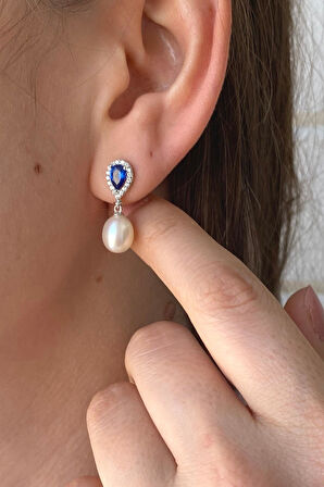 14 Ayar Altın 8 mm Damla Safir Doğal İnci Sallantı Küpe Kolye İkili Set