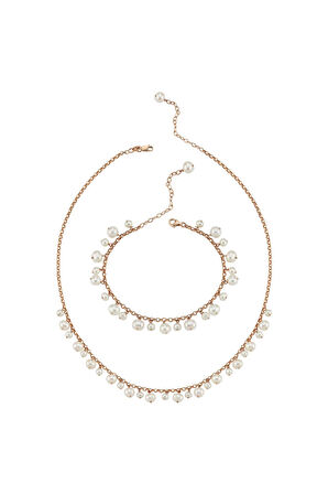 14 Ayar Altın 5 mm Doğal İnci Sallantılı Kolye Bileklik İkili Set