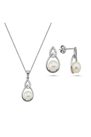 14 Ayar Altın 6 mm Zirkon Taşlı Damla İçinde Doğal İnci Küpe Kolye İkili Set