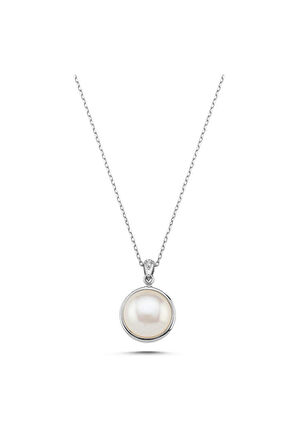 14 Ayar Altın 12 mm Zirkon Taşlı Doğal İncili Kolye