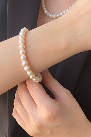 14 Ayar Altın 7 mm Sıralı Doğal İnci Bileklik