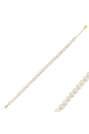 14 Ayar Altın 7 mm Sıralı Doğal İnci Bileklik