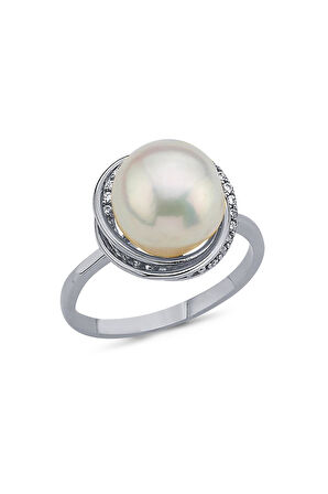 14 Ayar Altın 10 mm Zirkon Taşlı Doğal İnci Yüzük