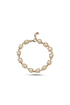 14 Ayar Altın 8 mm Kafesli Doğal İnci Bileklik