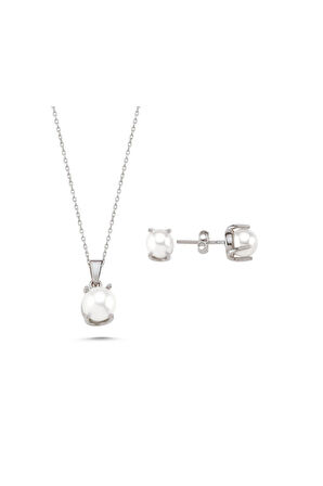 14 Ayar Altın 7 mm Doğal İnci Küpe Kolye İkili Set