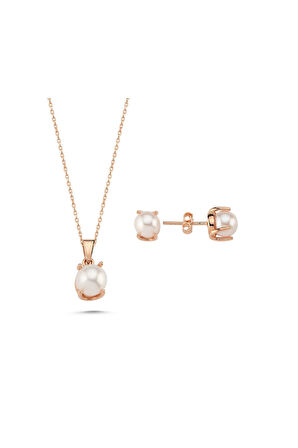 14 Ayar Altın 7 mm Doğal İnci Küpe Kolye İkili Set