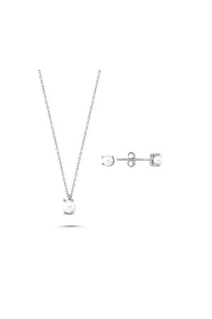 14 Ayar Altın 3 mm İncili Küpe Kolye İkili Set