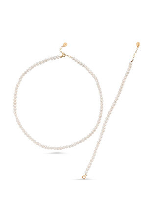 14 Ayar Altın 5 mm Sıralı Top Barok İnci Kolye Bileklik İkili Set