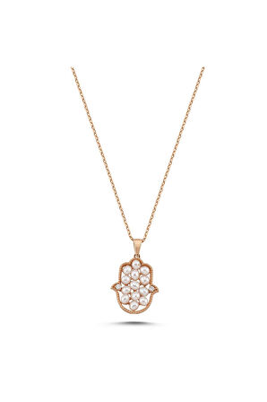 14 Ayar Altın Fatma Elli Doğal İnci 0,04 Ct Pırlanta Kolye