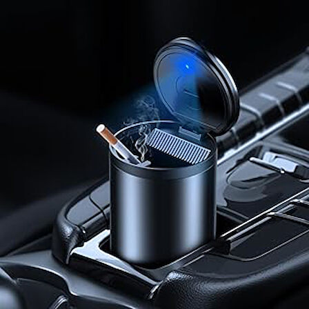 Coofbe Premium Car Ashtray Led Işıklı Alüminyum Taşınabilir Kapaklı Araba Küllük Kül Tablası Kokusuz