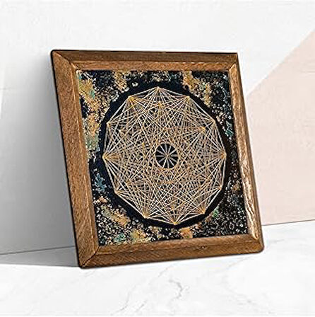 Pinecone Sri Yantra Taş Duvar Tablosu - Ahşap Çerçeveli Taş Tablo - 25x25 cm - Dekoratif Duvar Sanatı - Modern Ev ve Ofis Duvar Dekoru W1-191