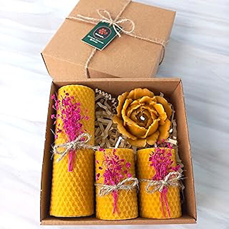 Petekoğlu Balmumu Mum Dekoratif Hediye Kutusu 4 Lü Set Doğal Petek Beeswax Candle Açmış Gül