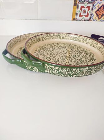 Stonware Yeşil Yuvarlak 2'li Fırın Kabı Fırın Tepsisi Büyük 38-30 Cm