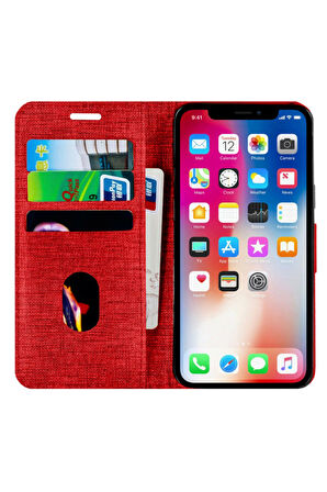 Buway Apple Iphone 13 Pro Max Kartvizitli Cüzdan Kılıf Kırmızı