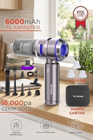 Premium Araç İçi Süpürge 4IN1 HL121 Mavi 17000PA Pratik Temizlik Aleti Kablosuz