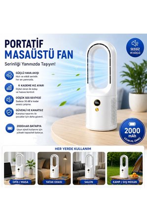 BMFN15 Kanatsız Vantilatör Hava Soğutucu Fan Şarjlı Masaüstü Mini Klima 6 Kademe Ayaralanabilir Fan Serinletici Vantilatör