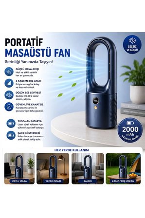 BMFN15 Kanatsız Vantilatör Hava Soğutucu Fan Şarjlı Masaüstü Mini Klima 6 Kademe Ayaralanabilir Fan Serinletici Vantilatör