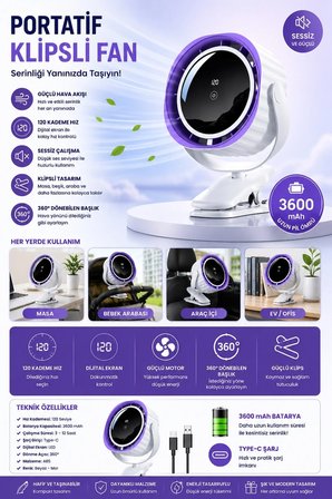 BWFN16 Klipsli Fan Masaüstü ve Bebek Arabası için Şarjlı Mandallı Vantilatör 1800RPM 3600MAH Serinletici Mini Klima