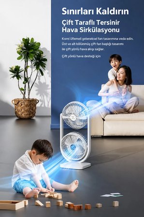 Çift Başlıklı Masaüstü Fan Brushless Motor 10W Güçlü Vantilatör Ayarlanabilir Başlık 2400 mAh Şarjlı