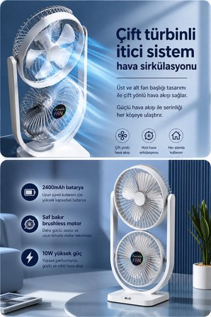Çift Başlıklı Masaüstü Fan Brushless Motor 10W Güçlü Vantilatör Ayarlanabilir Başlık 2400 mAh Şarjlı