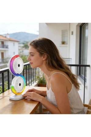 Rgb Led Işıklı Masaüstü Şarjlı Vantilatör Yön Ayarlı 5 Kademeli Fan 2 li Serinletici Dual Fan