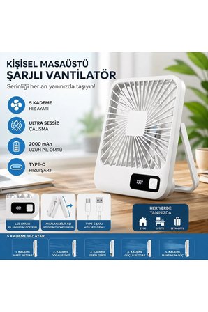 Masaüstü Şarjlı Fan 5 Hız Kademeli Ultra Ince Led Şarj Göstergeli Asılabilir Vantilatör Serinletici Mini Klima