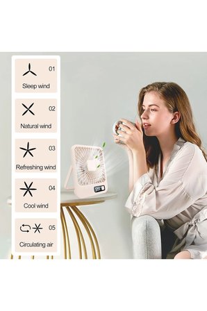 Masaüstü Şarjlı Fan 5 Hız Kademeli Ultra Ince Led Şarj Göstergeli Asılabilir Vantilatör Serinletici Mini Klima