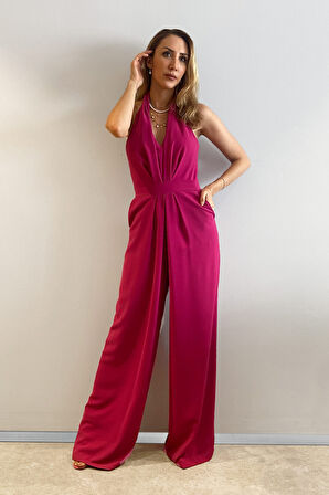 Sırt Dekolteli Boyundan Askılı Tulum-Fuşya-40