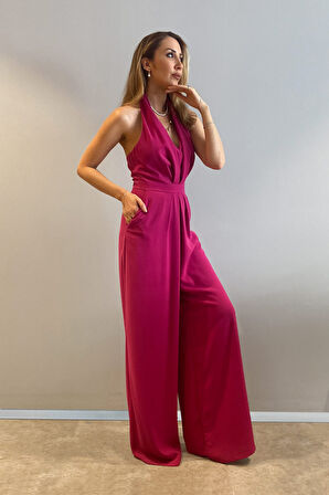 Sırt Dekolteli Boyundan Askılı Tulum-Fuşya-42