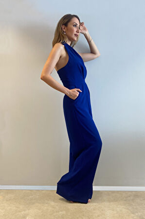 Sırt Dekolteli Boyundan Askılı Tulum-Saks-40