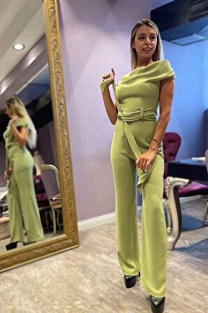 Tek Omzu Açık Beli Kuşaklı Tulum-Mint-40