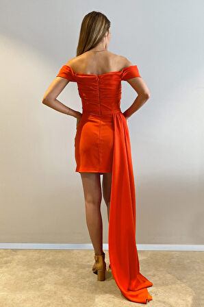 Kayık Yaka Kuyruklu Mini Elbise-Oranj-40