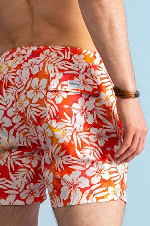 Çiçek Desenli Hawaii Deniz Şortu-Nar Çiçeği-M