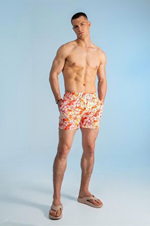 Çiçek Desenli Hawaii Deniz Şortu-Nar Çiçeği-M