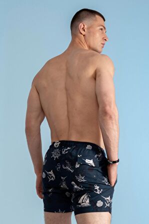 Yelken Çapa Pusula Desenli Deniz Şortu-Lacivert-M